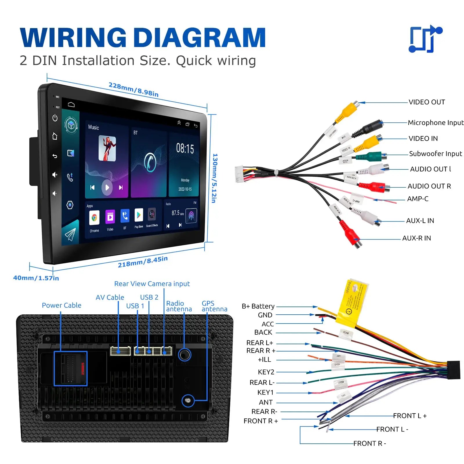 ESSGOO Android 15 wireless CarPlay 2-DIN car stereo with glass touchscreen and wiring harness