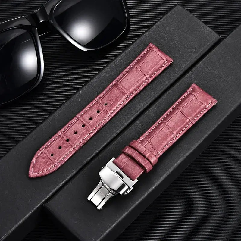 Remzeim Bamboo Pattern Genuine Leather Watch Strap First Layer Cowhide With Steel Butterfly Buckle 18mm 20mm 22mm 24mm
