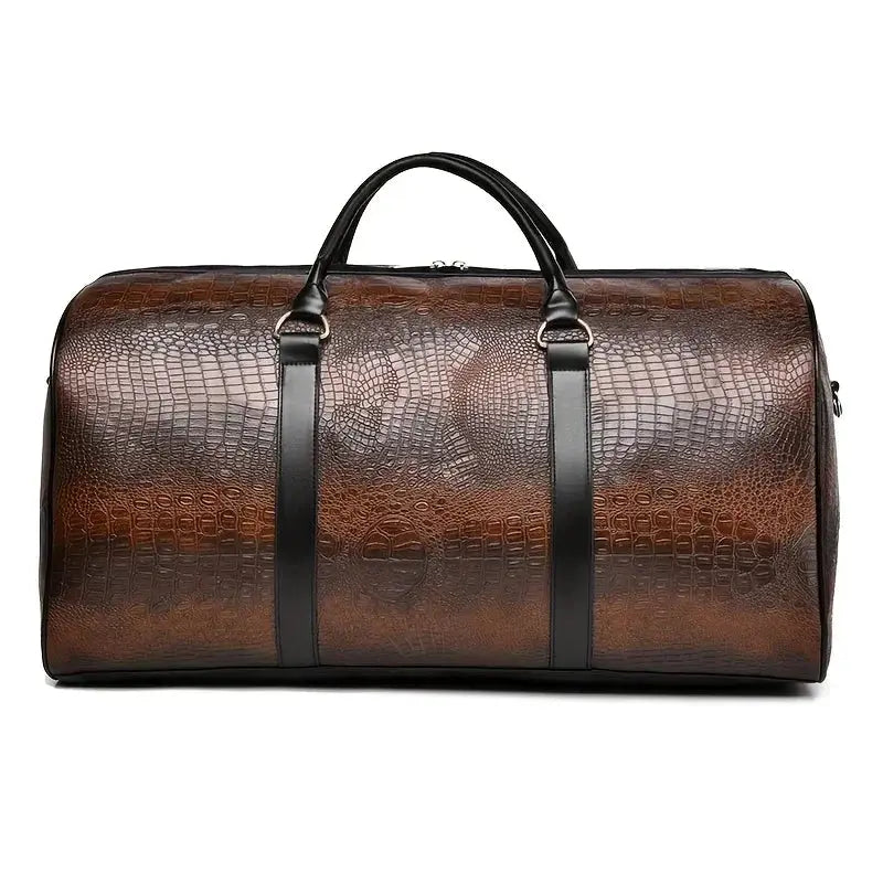 Large-capacity crocodile-textured brown travel duffel bag with black handles and straps.