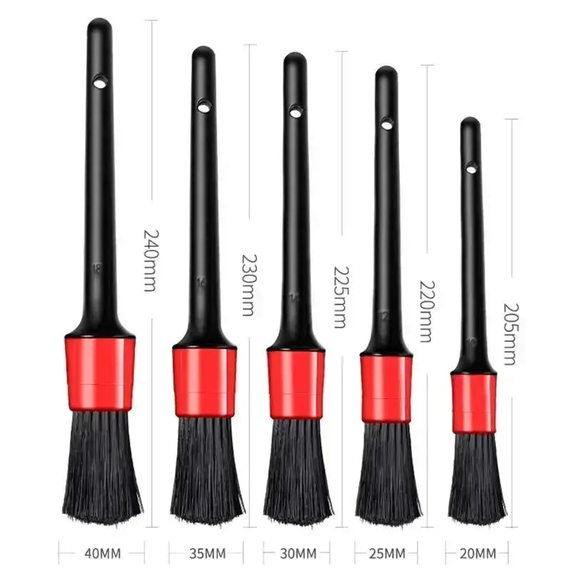 Simples Market five-piece car detailing brush set with black handles and red ferrules for dashboard vents and wheels
