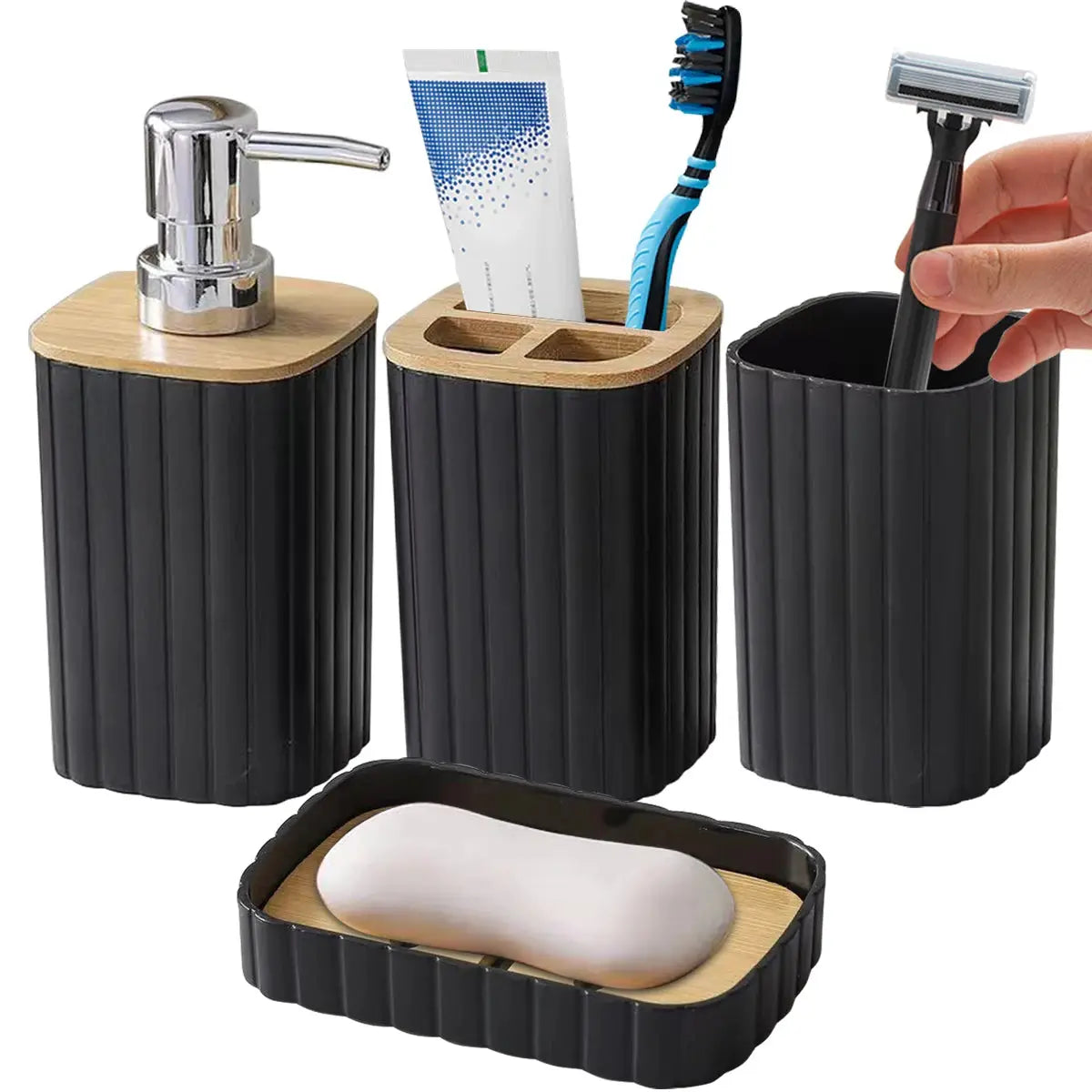 Simples Market 4-piece bathroom set in black ribbed finish with bamboo tops.