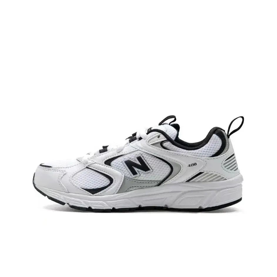 New Balance 408 unisex low-top running shoe in white with black detailing and breathable mesh