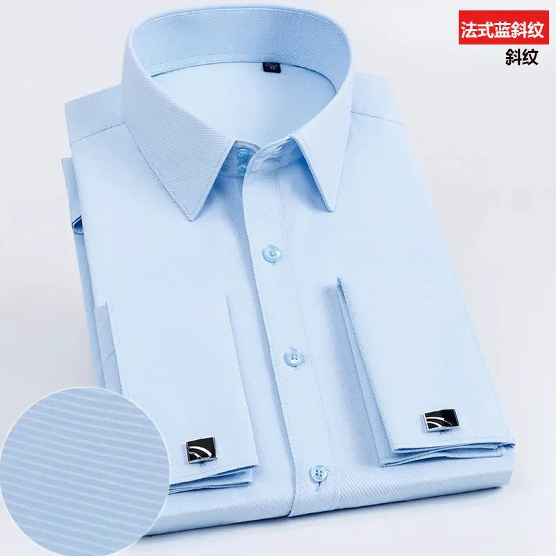 Simples Market men's light blue slim-fit long-sleeve dress shirt with French cuffs and cufflinks, solid color, folded