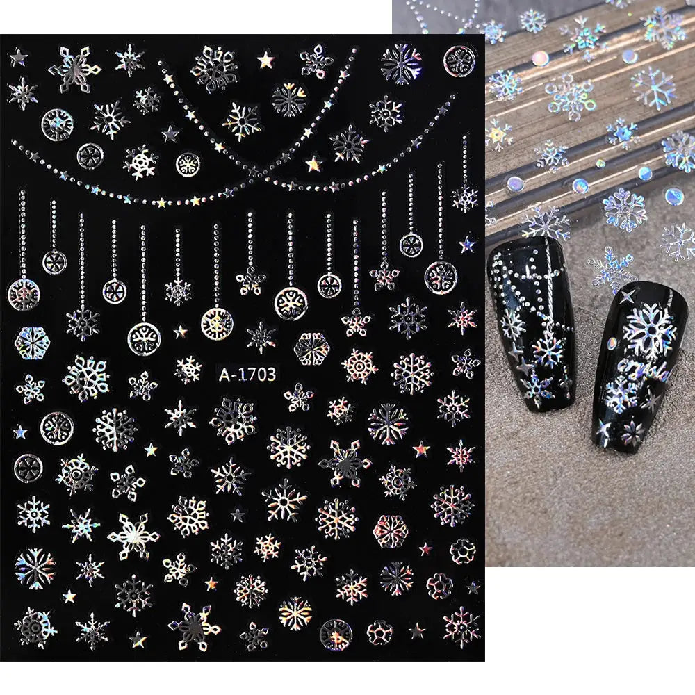 Winter Christmas nail stickers set by Simples Market; silver snowflakes and stars for self-adhesive nail art
