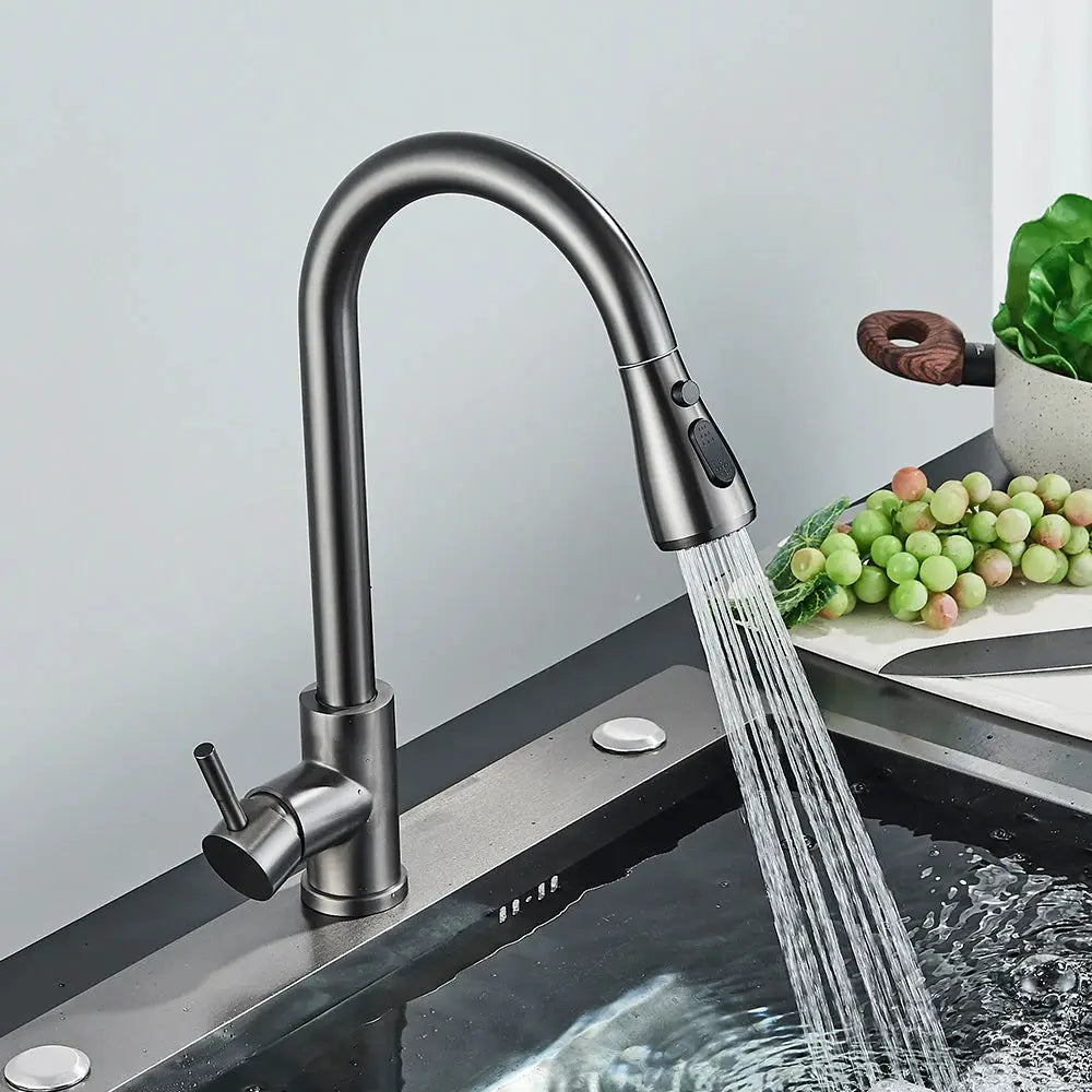 Simples Market brushed nickel kitchen faucet with flexible pull-out spray head, deck-mounted, hot and cold water