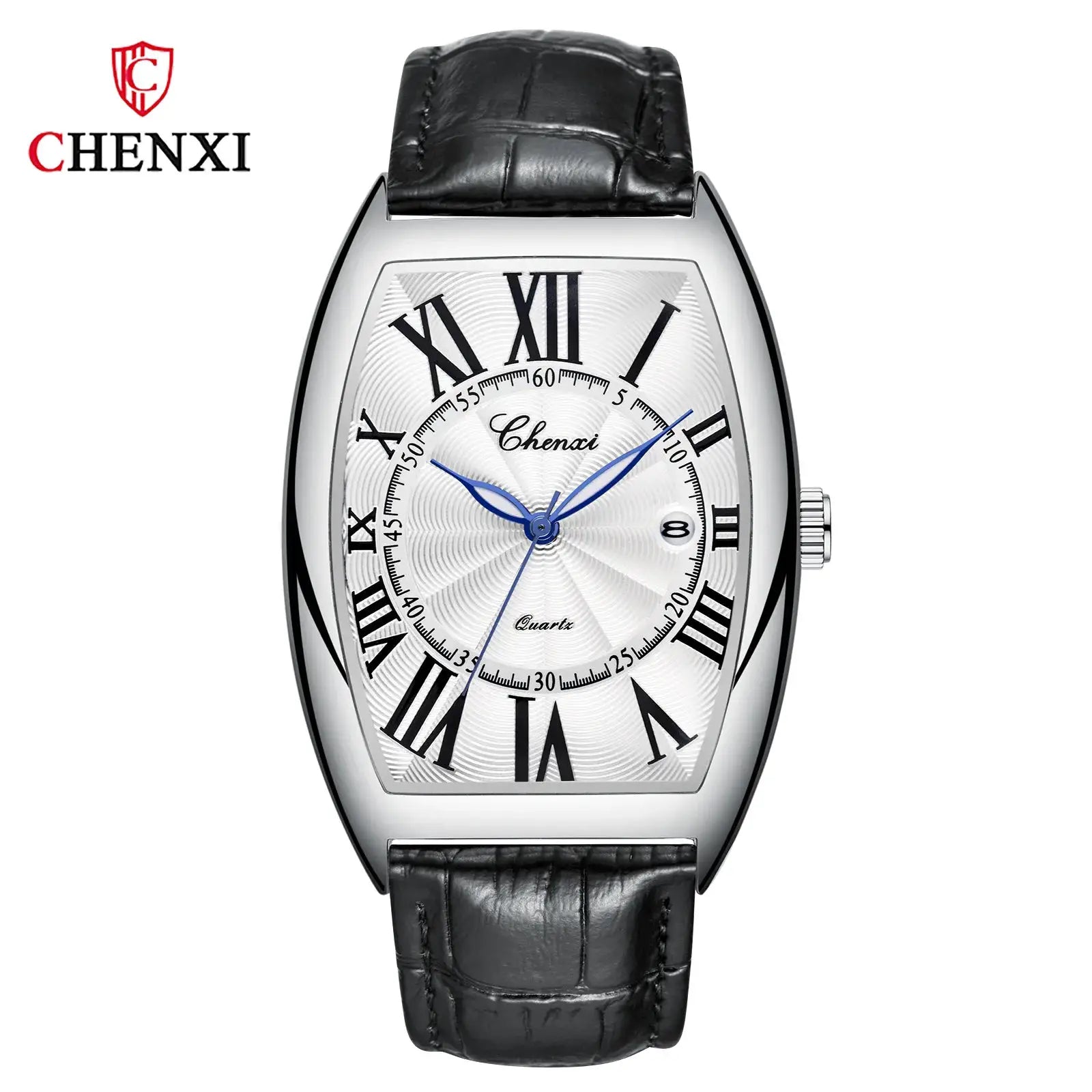 CHENXI men's watch with black leather strap, silver curved case, Roman numerals, date window