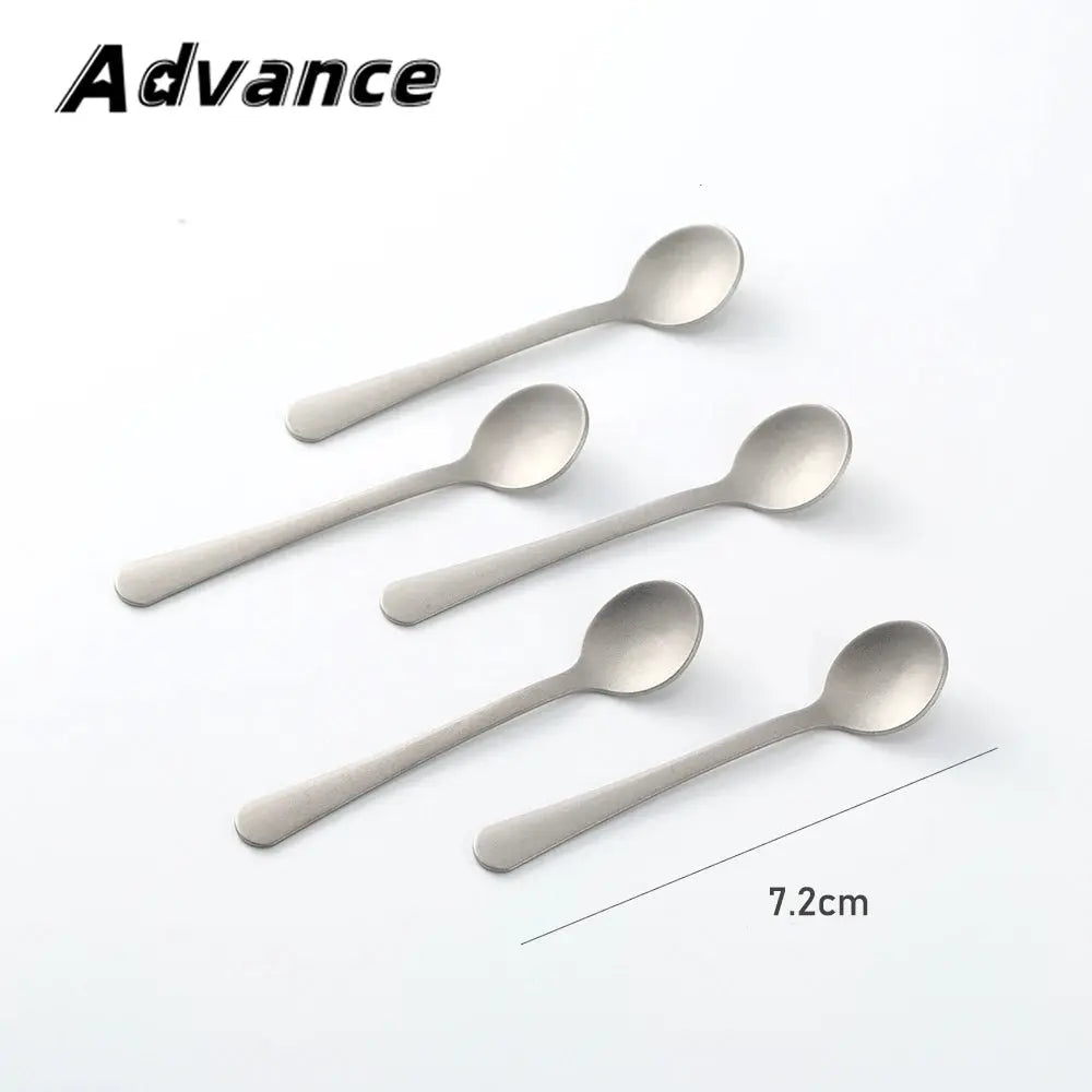 Mini titanium alloy dessert spoons set of 5, silver for camping and coffee, Advance logo visible.