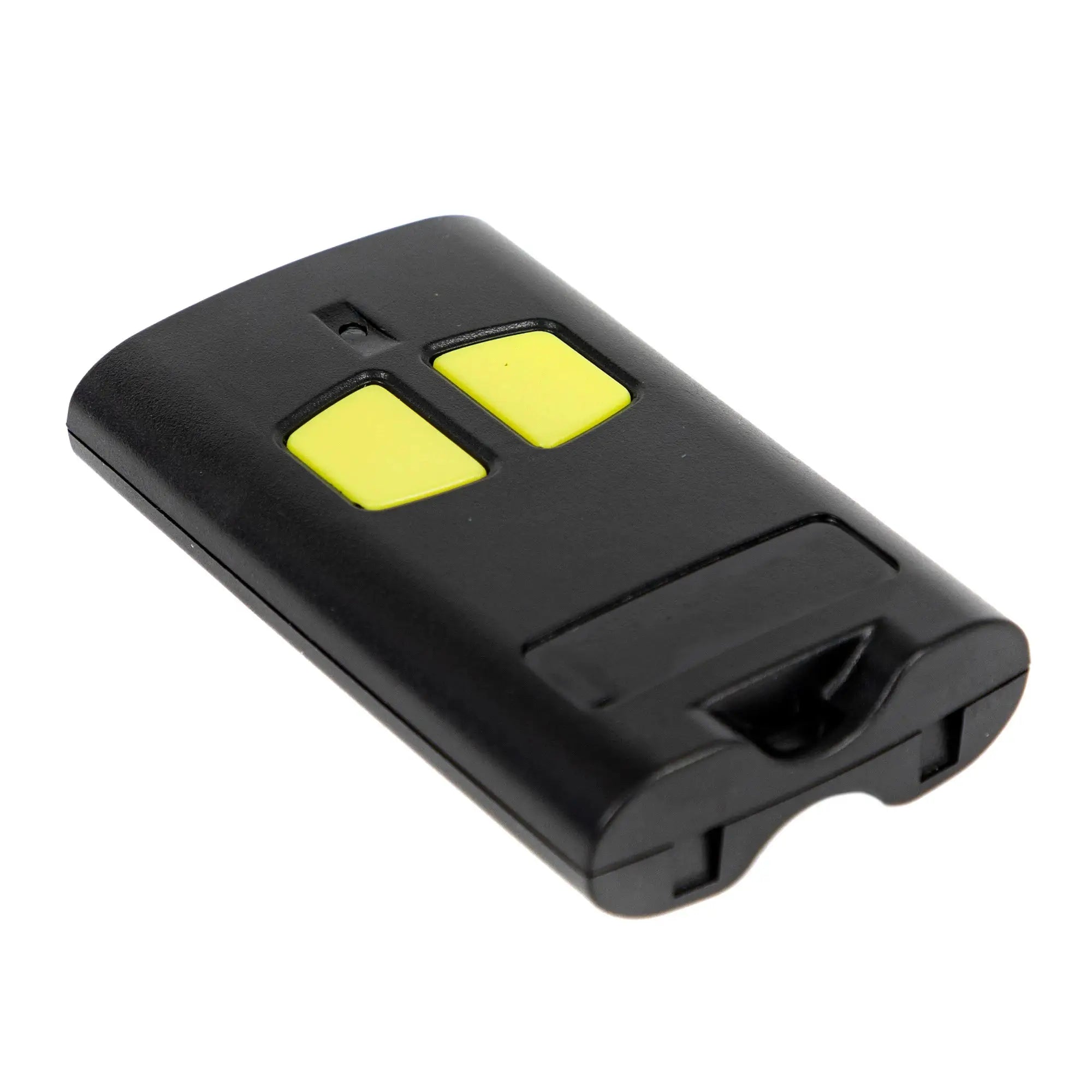 Garage remote control with two yellow buttons in black plastic housing.
