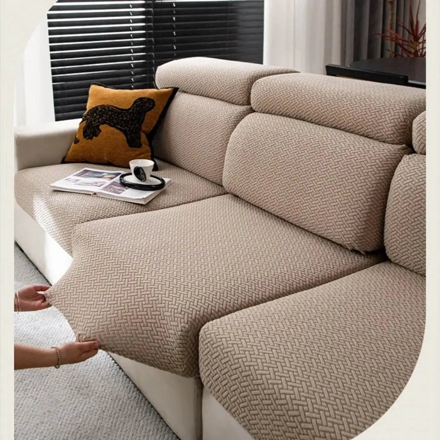 Stretchy polar fleece sofa cover for a 3-seat beige living-room sofa with a woven geometric pattern