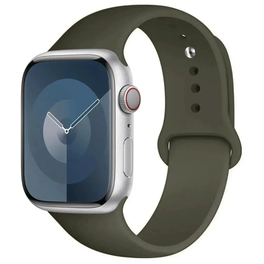 Simples Market silicone Apple Watch band in olive green, compatible with 38–49mm Apple Watch models (Series 3–Ultra 2)