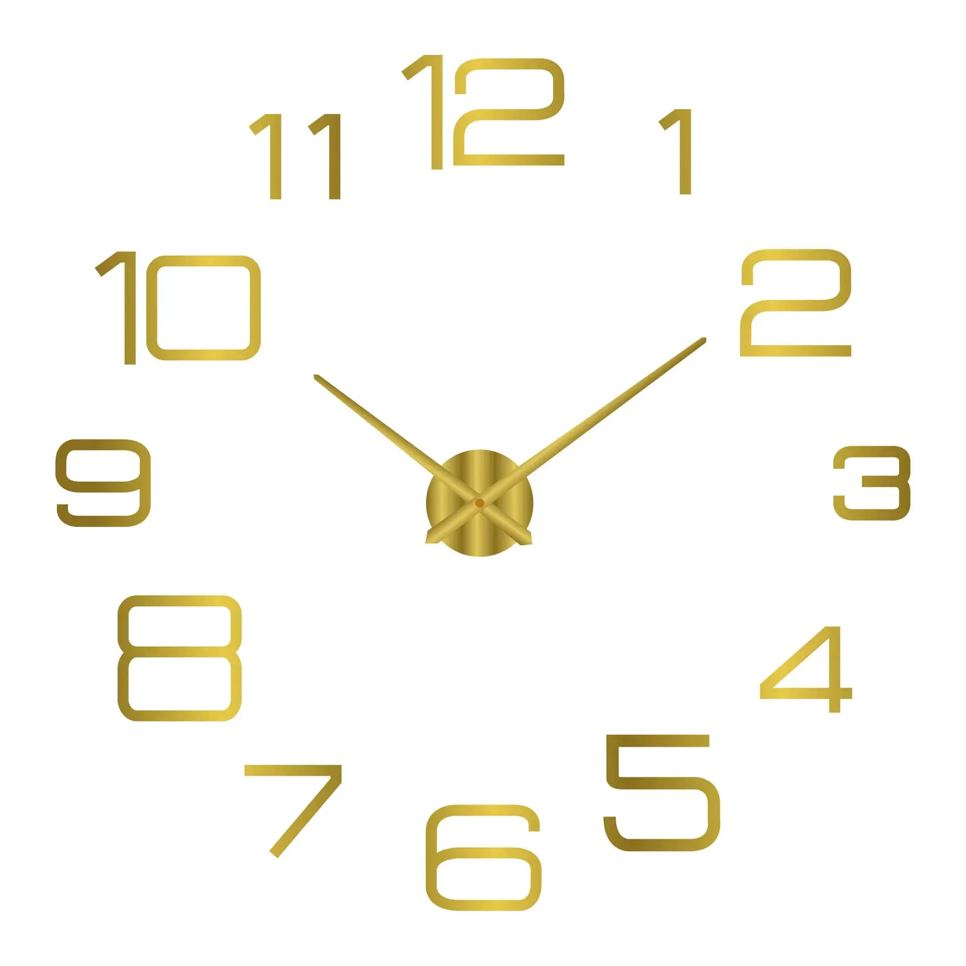 Large modern wall clock with gold numerals and gold hands on white background
