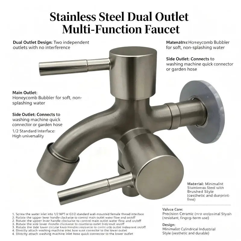 Dual outlet stainless steel faucet by Simples Market with two spouts for laundry and washing machine connections