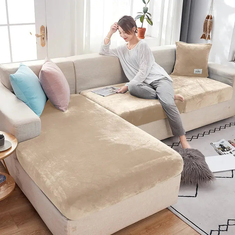Simples Market plush sofa slipcover, beige anti-slip elastic cover for sectional sofa