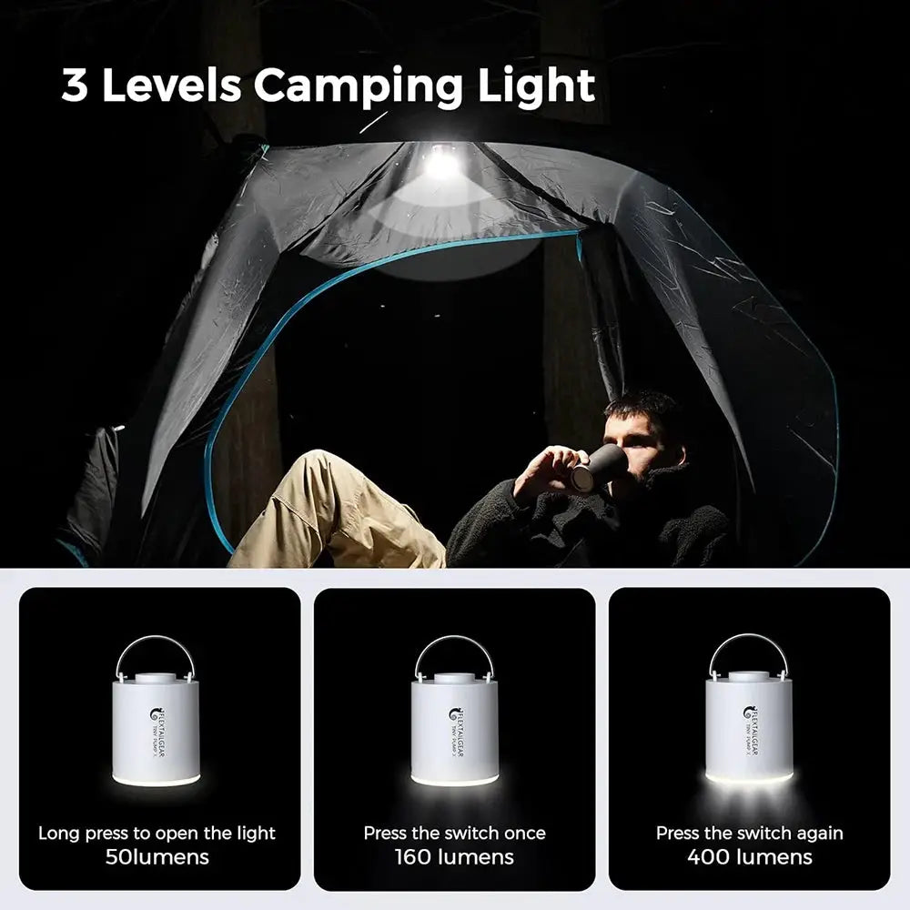 FLEXTAIL portable camping air pump by Simples Market, white with built-in light; USB-C, three brightness levels.
