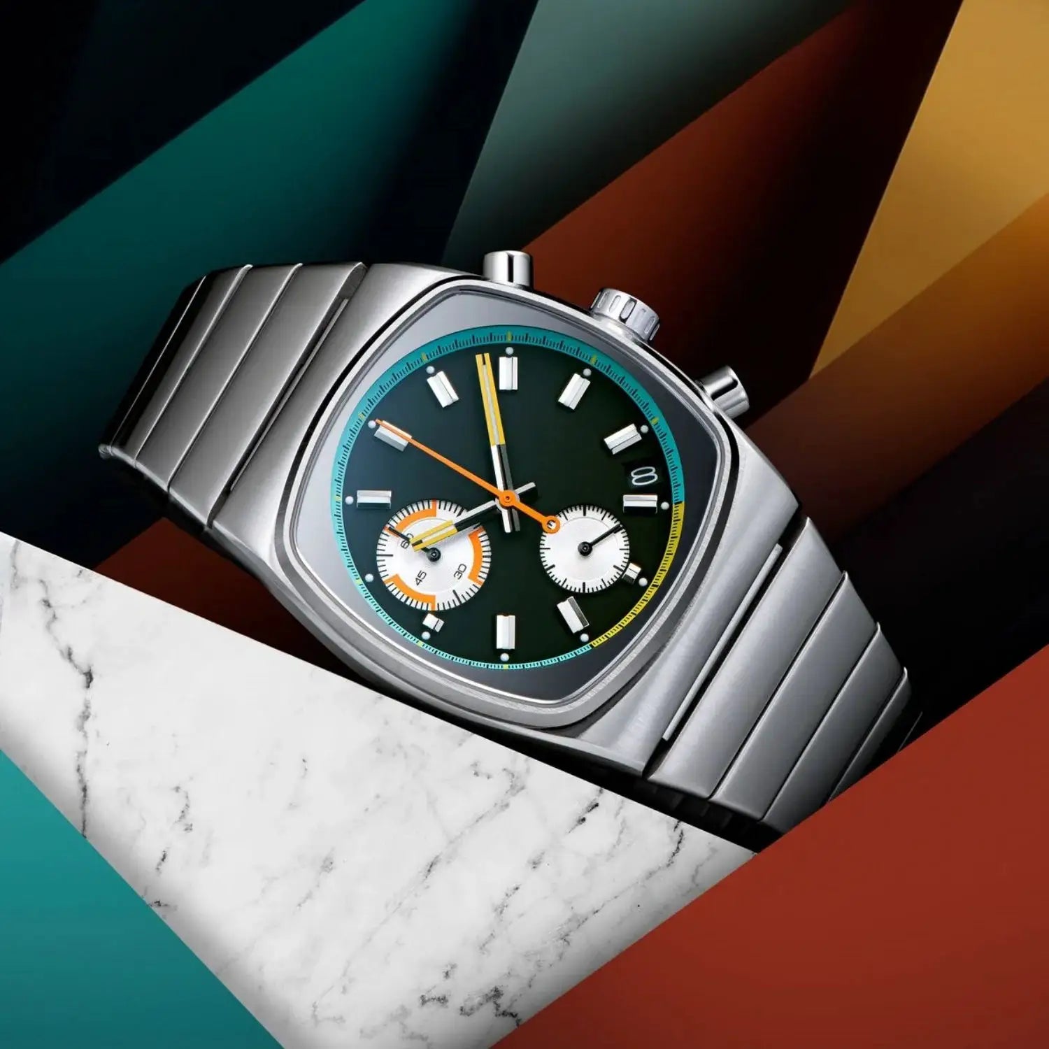 CILOA square men’s watch with stainless steel bracelet and teal dial chronograph