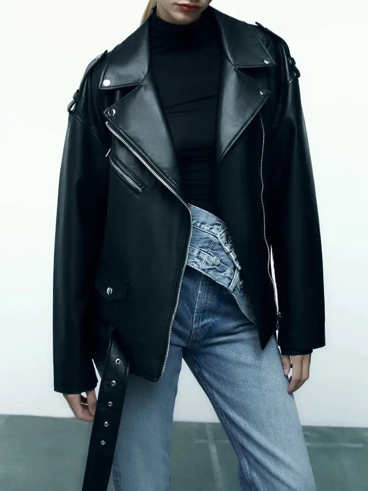 Ailegogo Women Loose Motorcycle Biker PU Faux Leather Jacket With Detachable Belt For Adjustable Fit