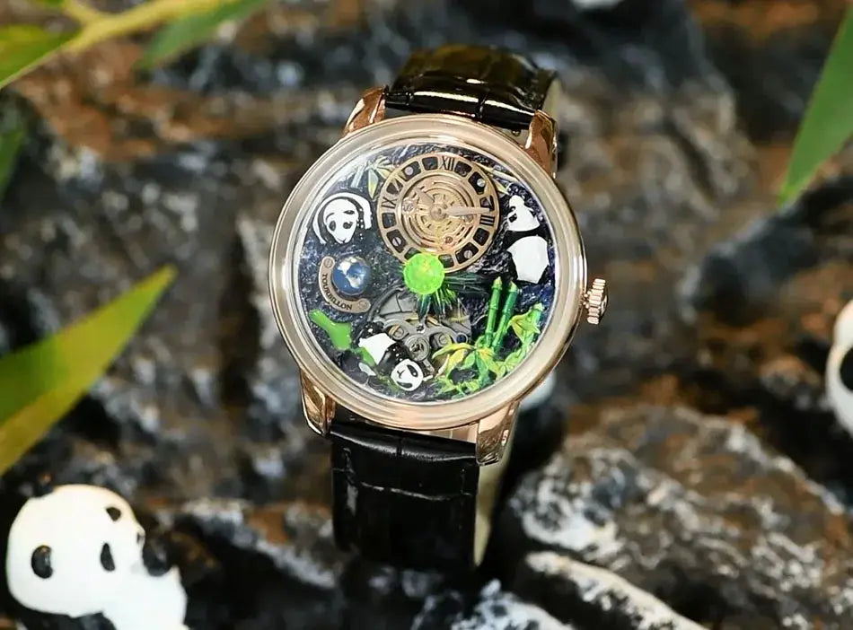 2025 PINDU Panda Series men's mechanical watch; gold-tone case, black leather strap, panda-skeleton dial