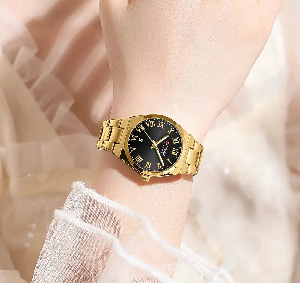 CURREN women's gold-tone stainless steel bracelet wristwatch with black Roman numeral dial and date window
