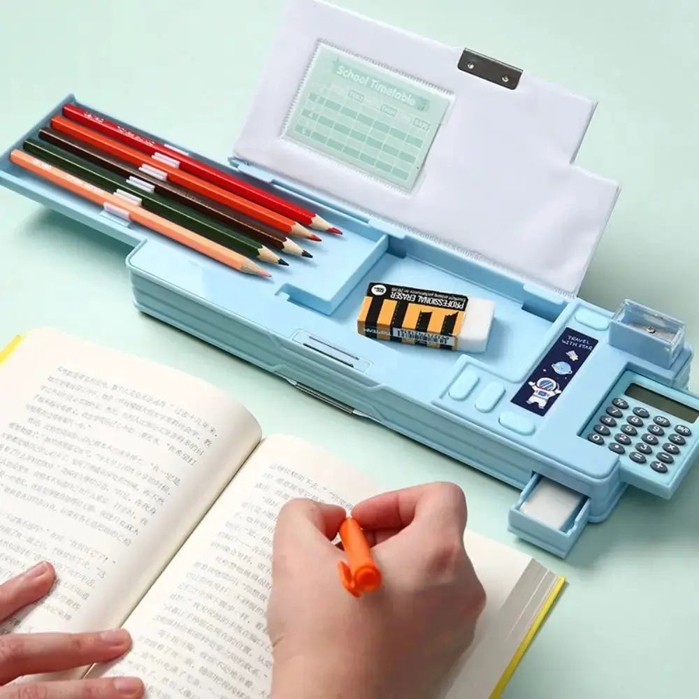 Simples Market plastic double-sided pencil case with built-in calculator and pencil sharpener in light blue