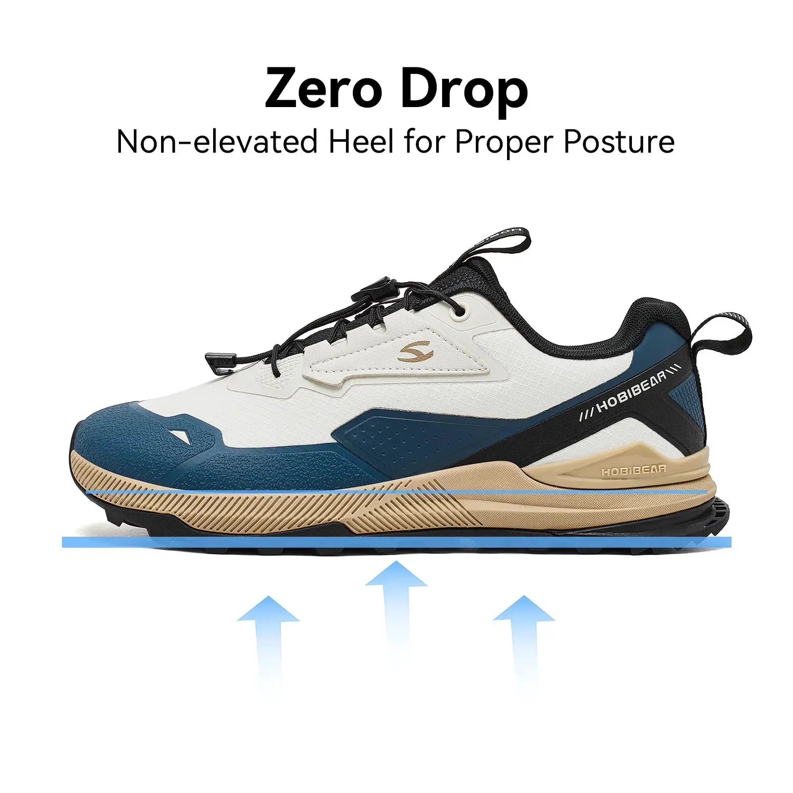 HOBIBEAR unisex running shoes with elastic laces, white and blue upper with black accents and beige sole