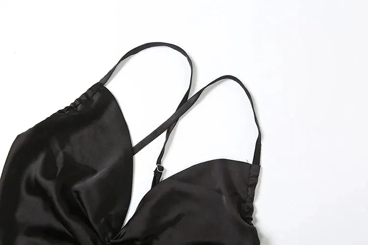 Kliou cross-pleated black backless silky jumpsuit with spaghetti straps