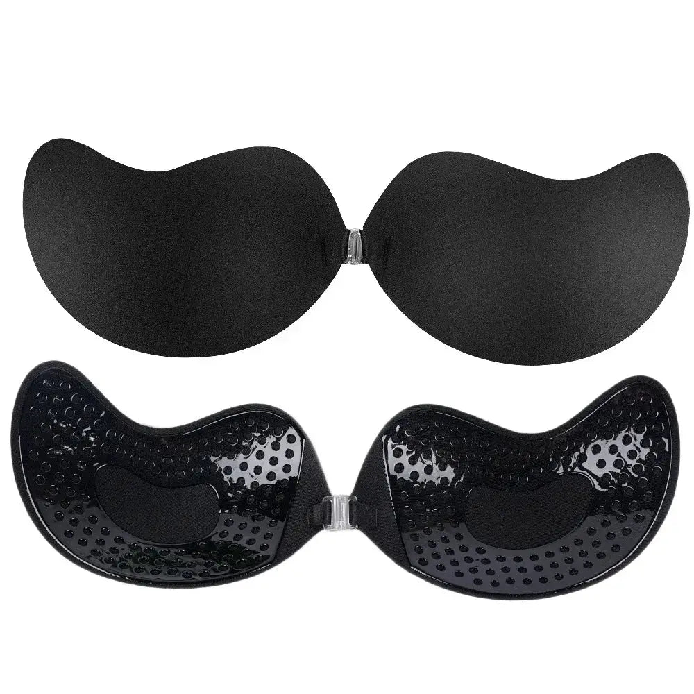 Women's invisible strapless adhesive bra set, black silicone push-up cups with center clasp