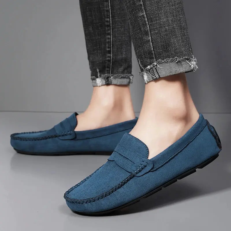 Men's blue suede loafers, slip-on driving shoes with stitching detail