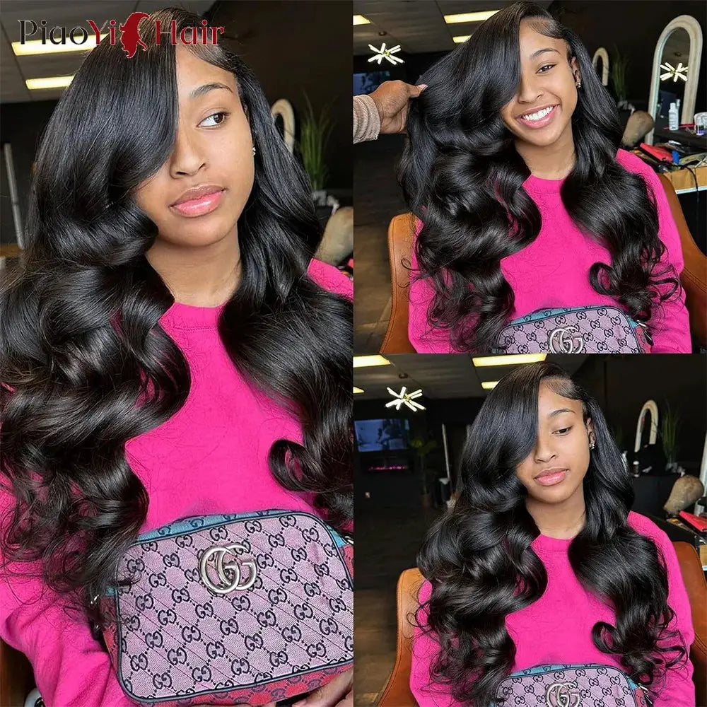 Body wave Brazilian human-hair lace wig with HD 13x6 frontal; model shown in pink top with Gucci handbag.