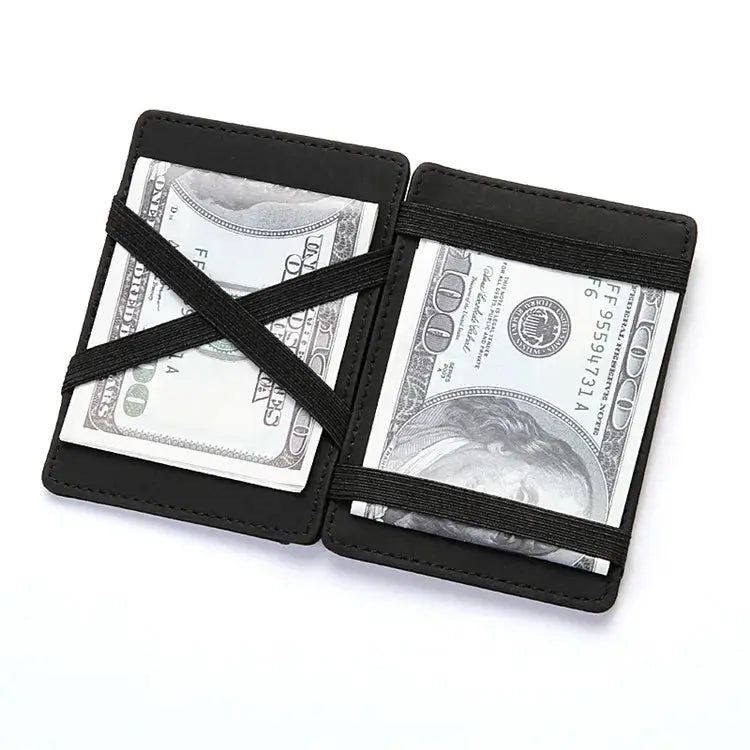 Mini card holder wallet in black PU leather with elastic money bands and cash