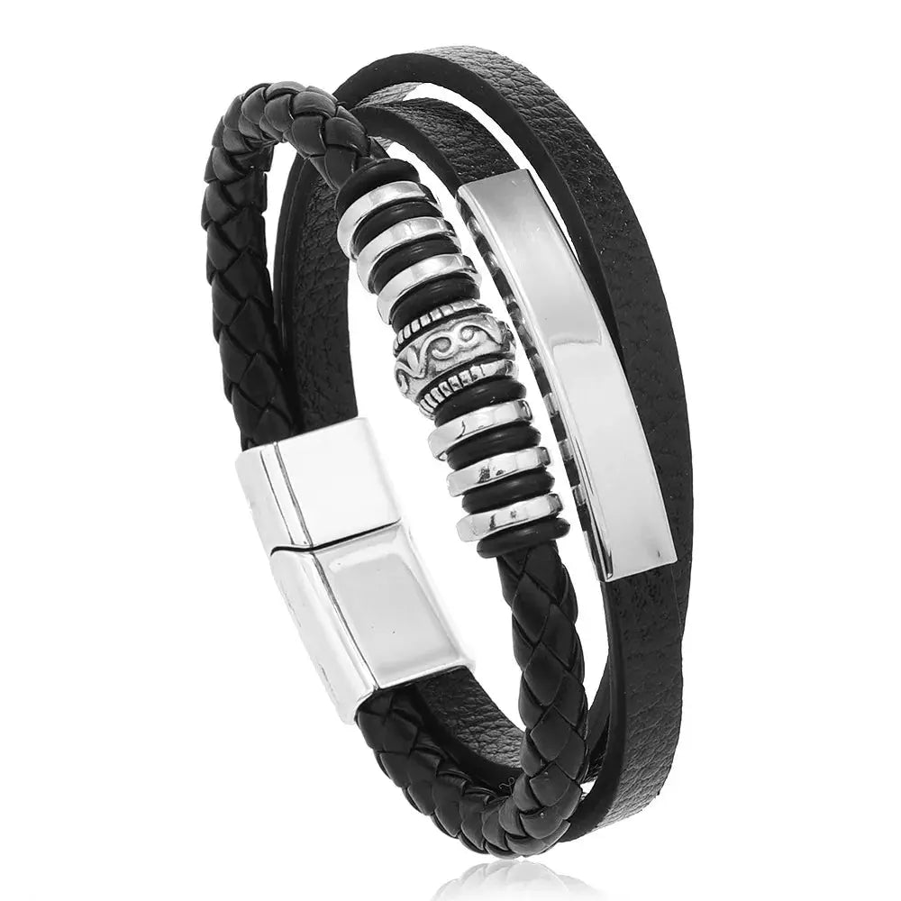 Vintage Multilayer Braided Leather Bracelet For Men Stainless Steel Rope Design Jewelry Gift