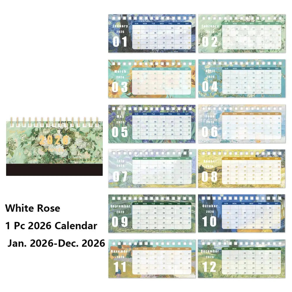 1pc desk calendar with vintage painting design and memo notes, 12-month 2026 calendar for home/office/school planning