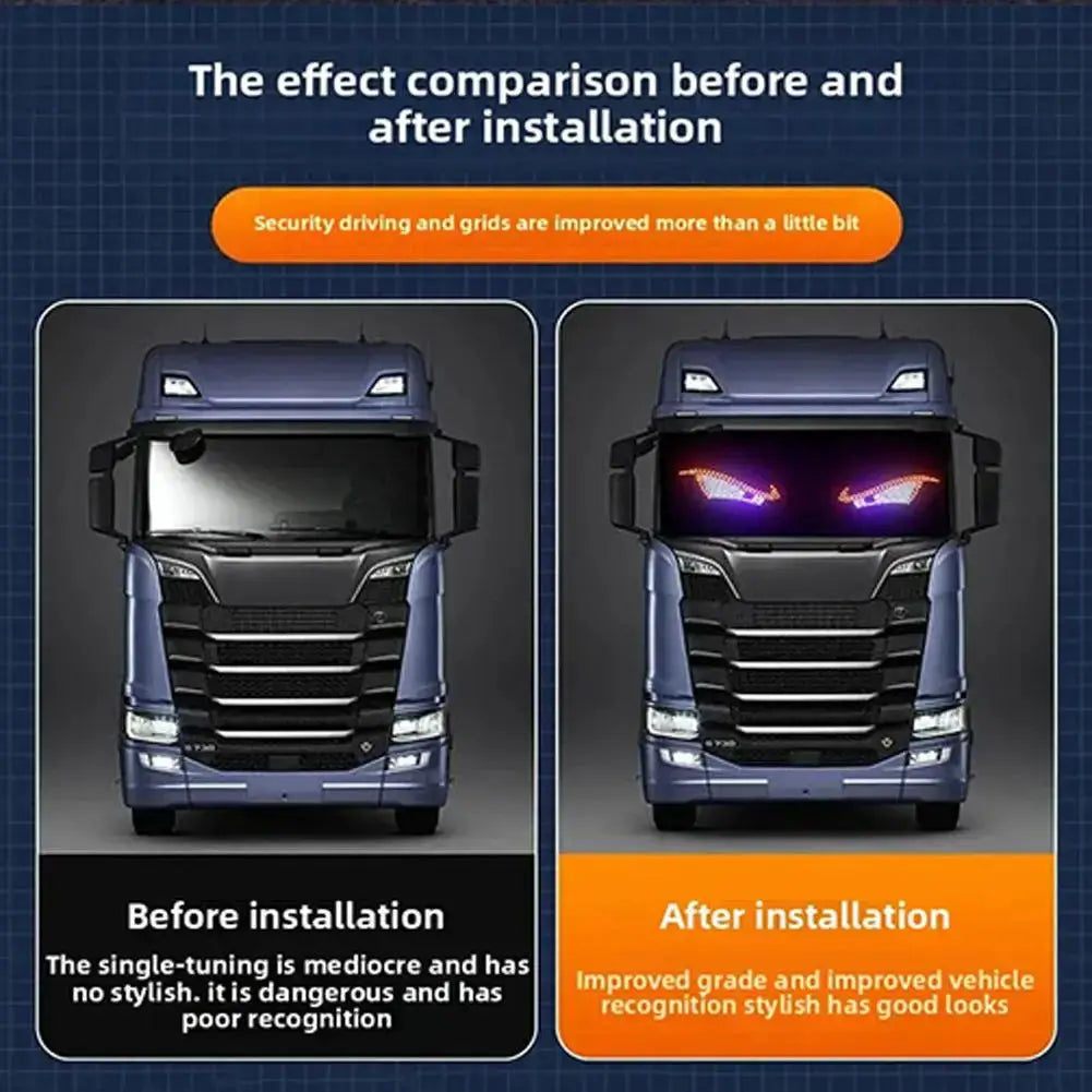 USB Dynamic Big Devil Eyes Light for cars and trucks, RGB LED eyes shown before/after installation on blue truck