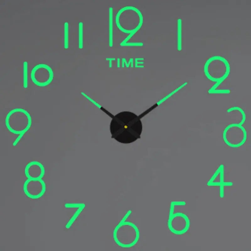 Large wall clock with neon-green acrylic numerals on a gray wall and a black center dial