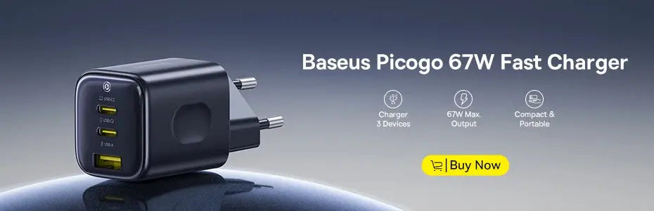 Baseus Picogo 67W fast charger wall adapter with three USB ports, compact black.