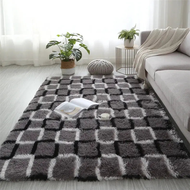 Simples Market premium fluffy gray checkerboard shag rug for living room