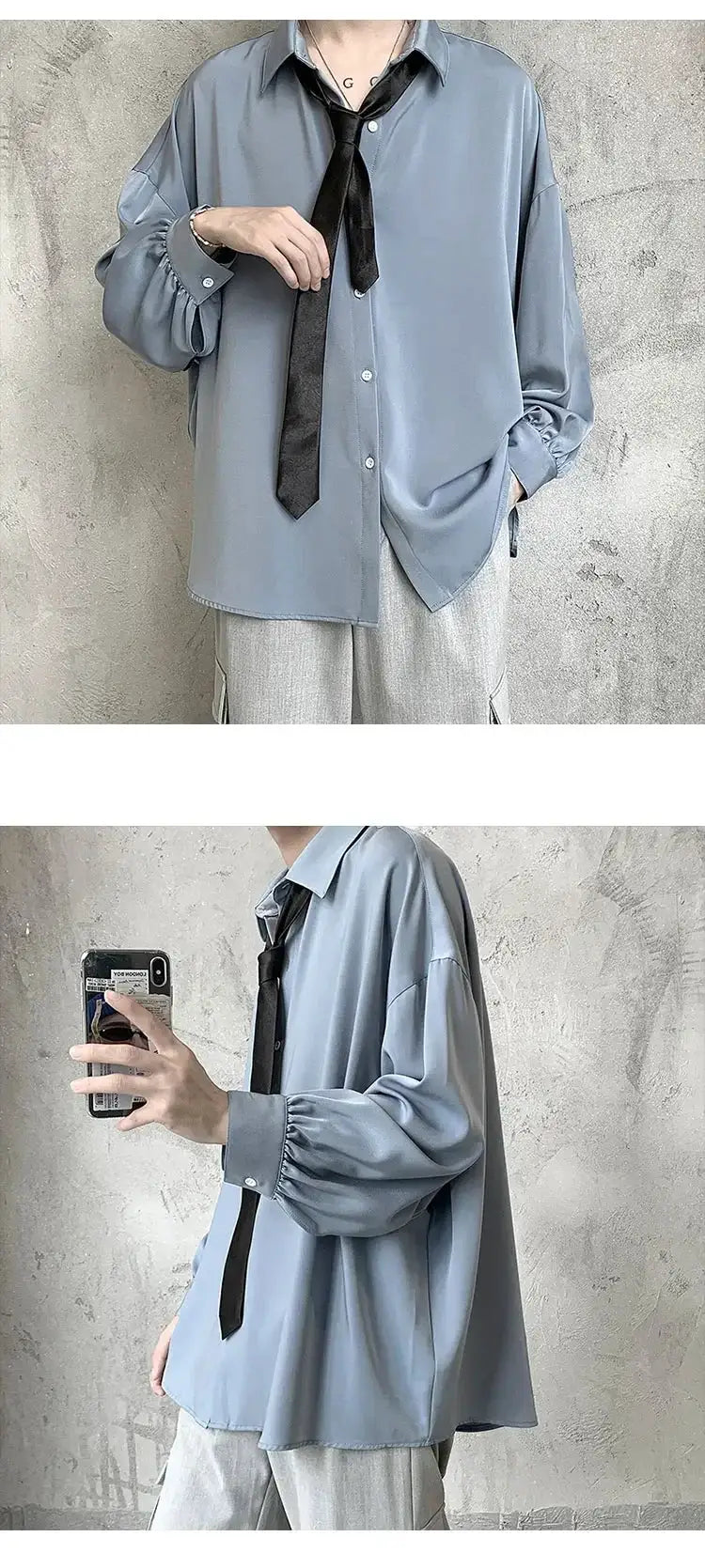 Korean-style oversized men's long-sleeve shirt in light blue with a black necktie and front buttons