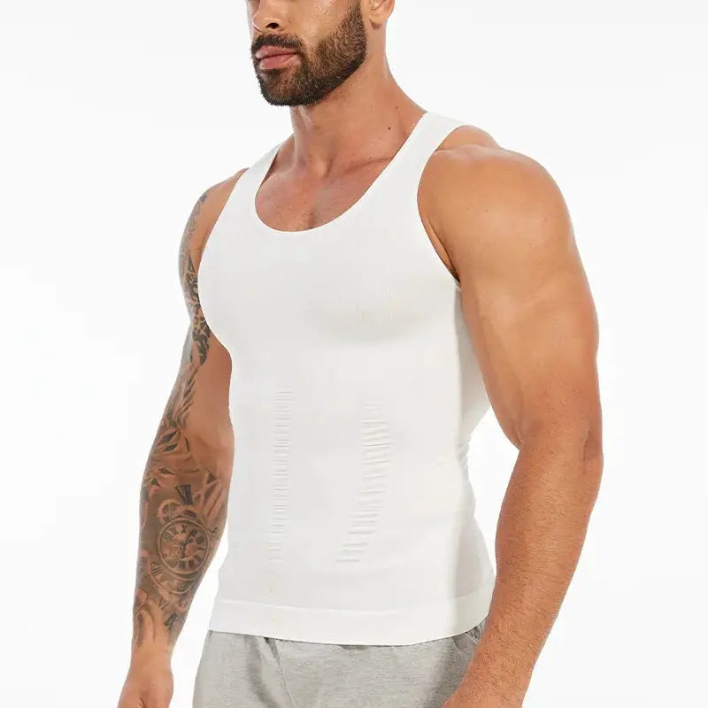 Men's sleeveless white compression vest tank top for gym; slimming body shaper with tummy control and abdomen support.