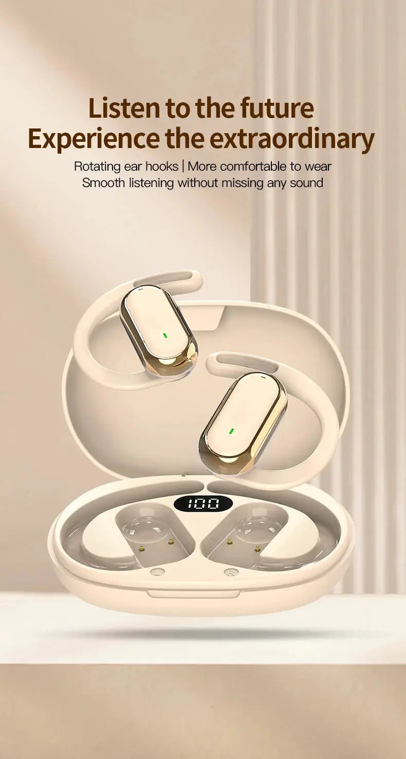 Simples Market Bluetooth 5.4 Earphones, two white-gold earbuds with charging case