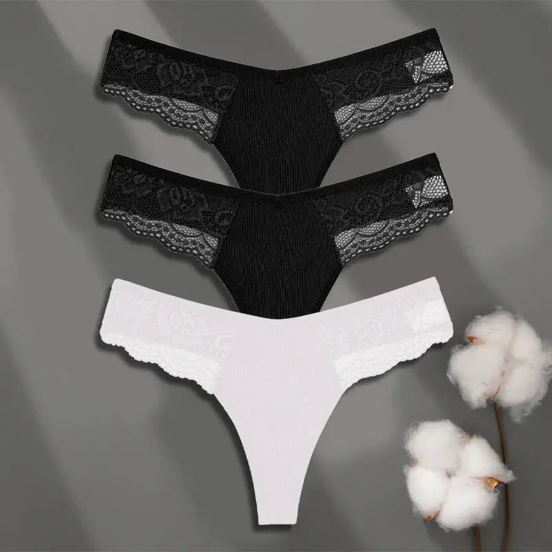 3Pcs women's cotton lace thong underwear set; two black, one white; low-rise, breathable