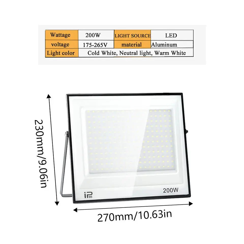 LED floodlight 200W outdoor aluminum unit with stand, 270x230mm, cold/neutral/warm white.