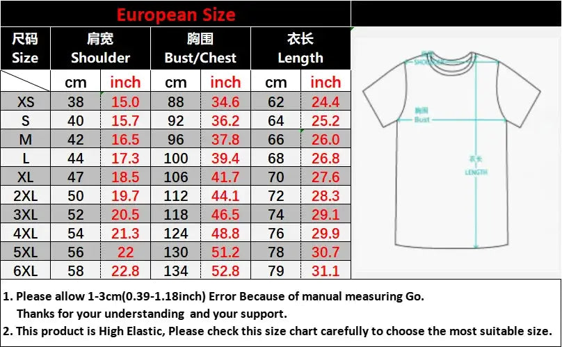Men's casual shirt size chart with European sizes and a measurement diagram showing bust, shoulder and length.