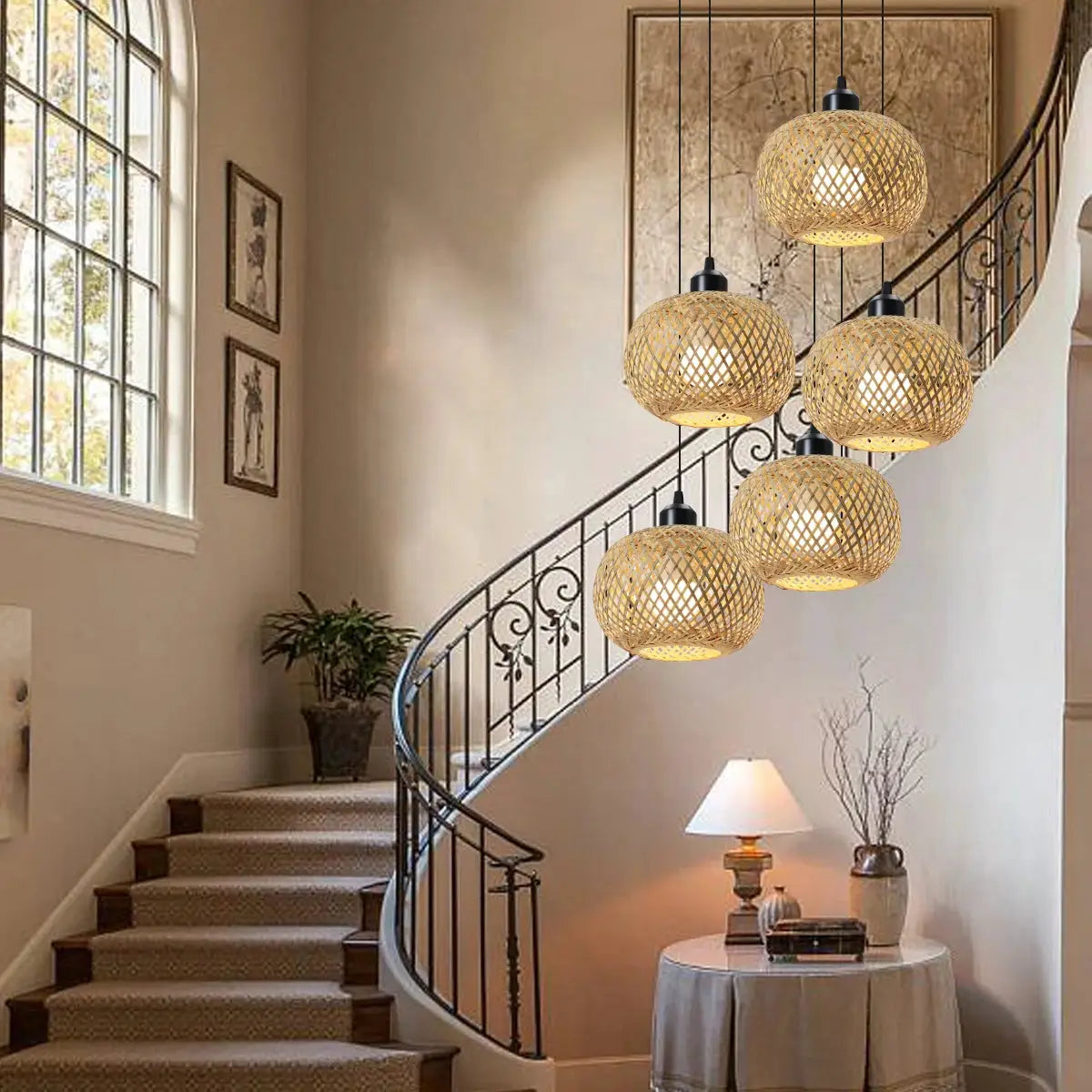 Bamboo pendant lamps, natural rattan hand-knitted spheres, cluster of 6, E27 indoor café living room decor