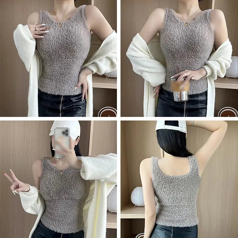 Girls' gray plush knit tank top with soft fleece texture, sleeveless camisole; shown with white cardigan in four angles.