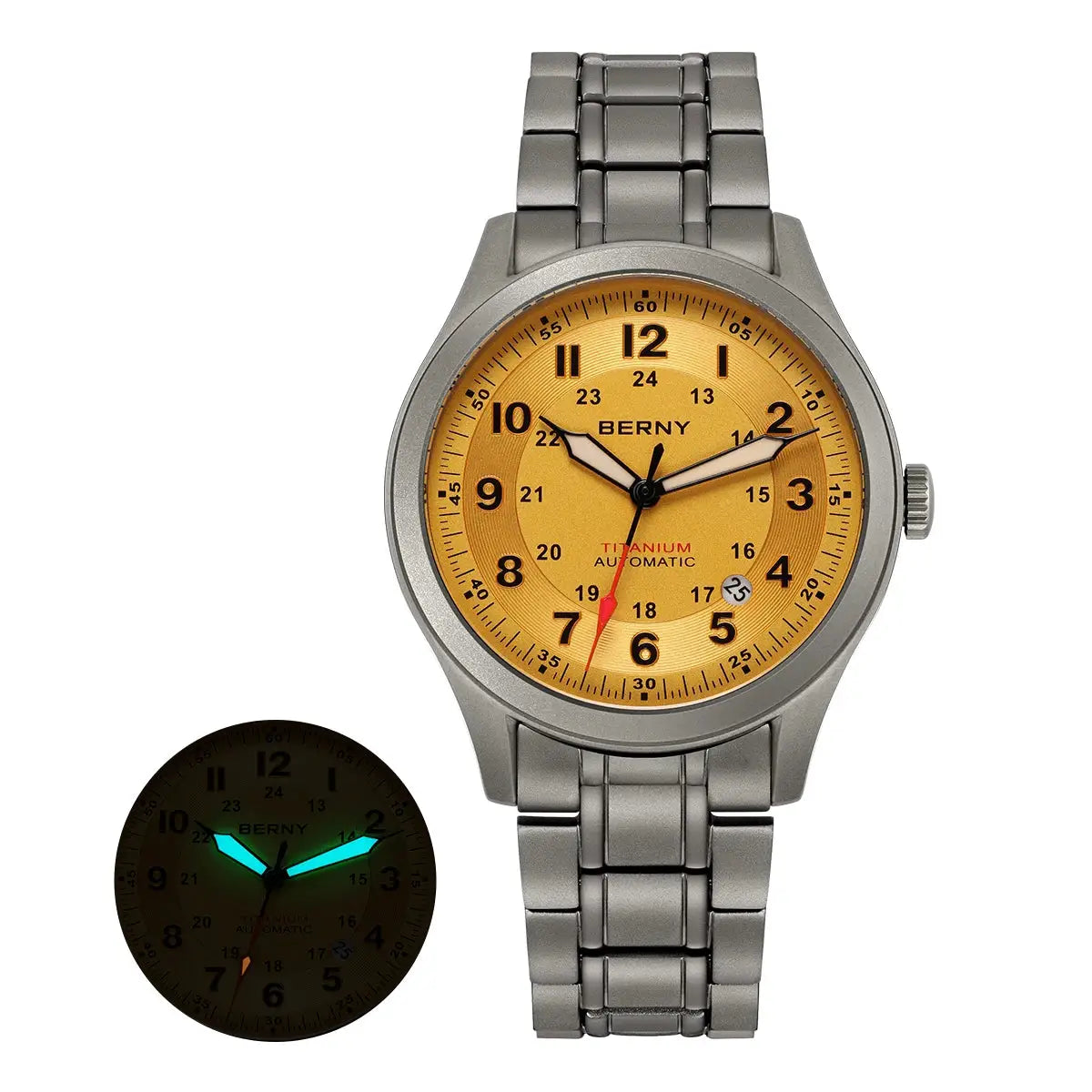 BERNY titanium automatic men's watch with gold dial, titanium bracelet, sapphire crystal, and luminescent hands.