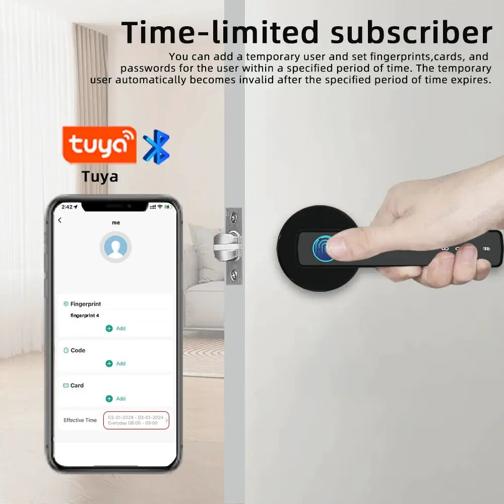 RAYKUBE M5 Tuya BLE fingerprint door lock; password/key/card/app unlock; two items shown