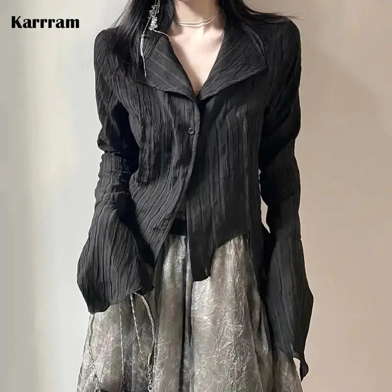 Karram Gothic black shirt, crinkled fabric Yamamoto-style blouse for women