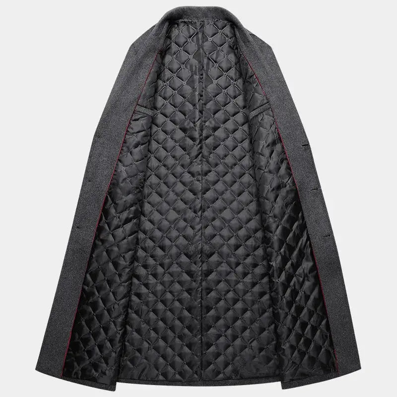Men's grey wool-blend overcoat with black quilted lining, long winter trench style, XXL