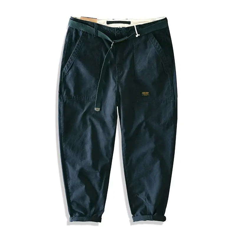 Yu Wenle Amekaji trendy versatile workwear pants, navy cargo trousers with belt and tapered cuffs.