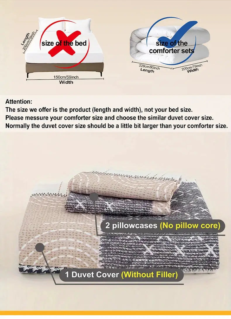 Simples Market 3-piece duvet cover set in beige-gray patchwork, includes 1 duvet cover and 2 pillowcases