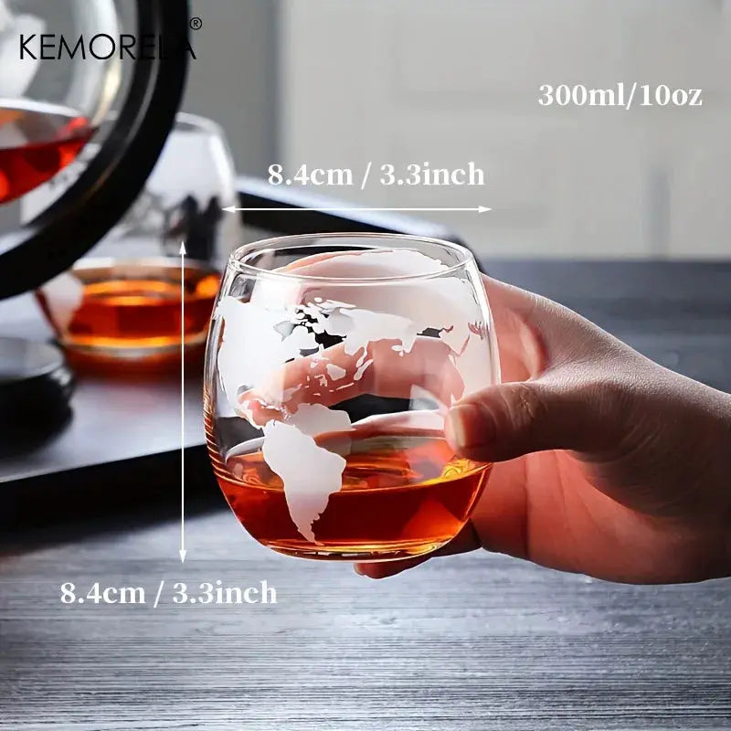 900ML Globe Decanter Set With Lead Free Carafe Wood Stand And Two Glasses Whiskey Gift